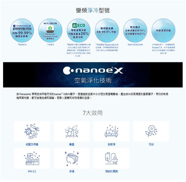 PANASONIC 樂聲 CS-RU18BKA Wi-Fi 智能變頻淨冷空調機 (2 匹)